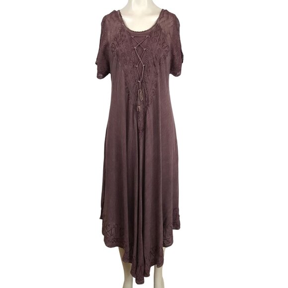 SAKKAS - WOMENS ONE - FUCHSIA SHORT SLEEVE 100% RAYON EMBROIDERED BOHO ART DRESS - Picture 1 of 8